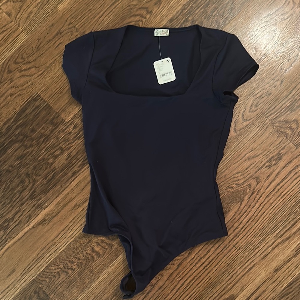 Free People Asymmetrical Blue Cap Sleeve Bodysuit